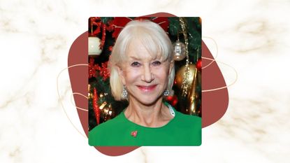 Image of Helen Mirren smiling with white-blonde bob with fringe and wearing a green dress, on a white and gold marble background with burgundy and gold graphics