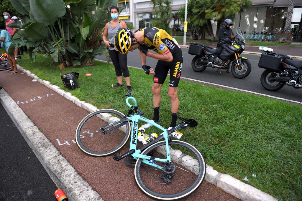 NICE FRANCE AUGUST 29 George Bennett of New Zealand and Team Jumbo Visma Crash George Bennett of New Zealand and Team Jumbo Visma during the 107th Tour de France 2020 Stage 1 a 156km stage from Nice Moyen Pays to Nice TDF2020 LeTour on August 29 2020 in Nice France Photo by Tim de WaeleGetty Images