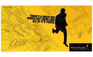 An aerial graphic of a city scape with a man imposed on the street with the words "There's a great big world out there and all of it's yours".