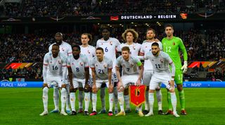 COLOGNE, GERMANY - MARCH 28: Team photo Belgium with first row (L-R), Dodi Lukebakio, Orel Mangala, Timothy Castagne, Kevin De Bruyne, Yannick Carrasco and second row (L-R) Romelu Lukaku, Arthur Theate, Amadou Onana, Wout Faes, Jan Vertonghen, Koen Casteels during an international friendly match between Germany and Belgium at RheinEnergieStadion on March 28, 2023 in Cologne, Germany. (Photo by Helge Prang - GES Sportfoto/Getty Images)
