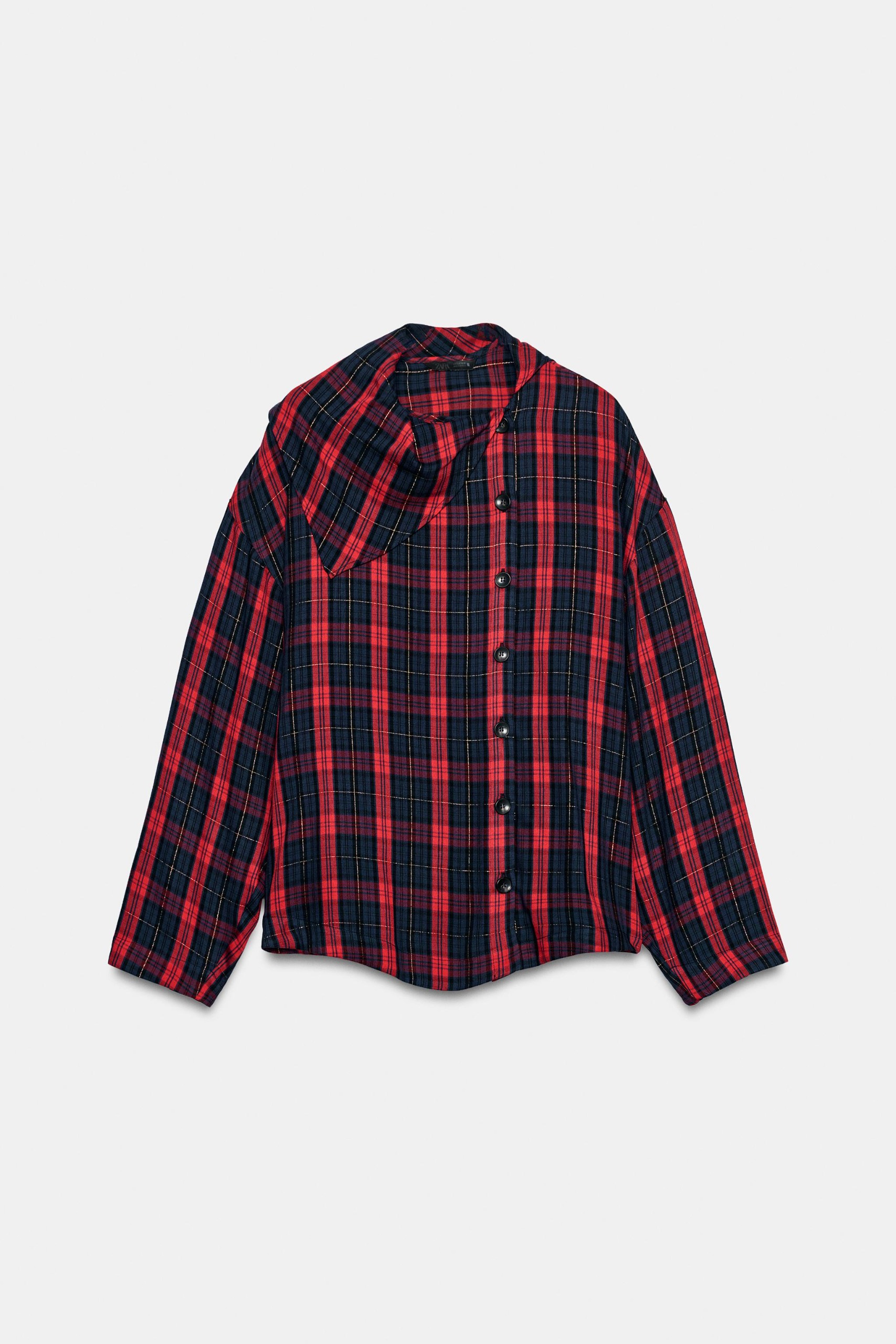 Metallic Yarn Checked Shirt - Red / Navy - Xs