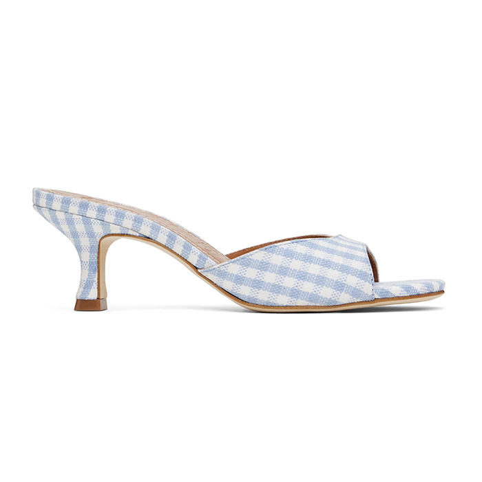 Staud, Blue 
White Brigitte Mule Heeled Sandals