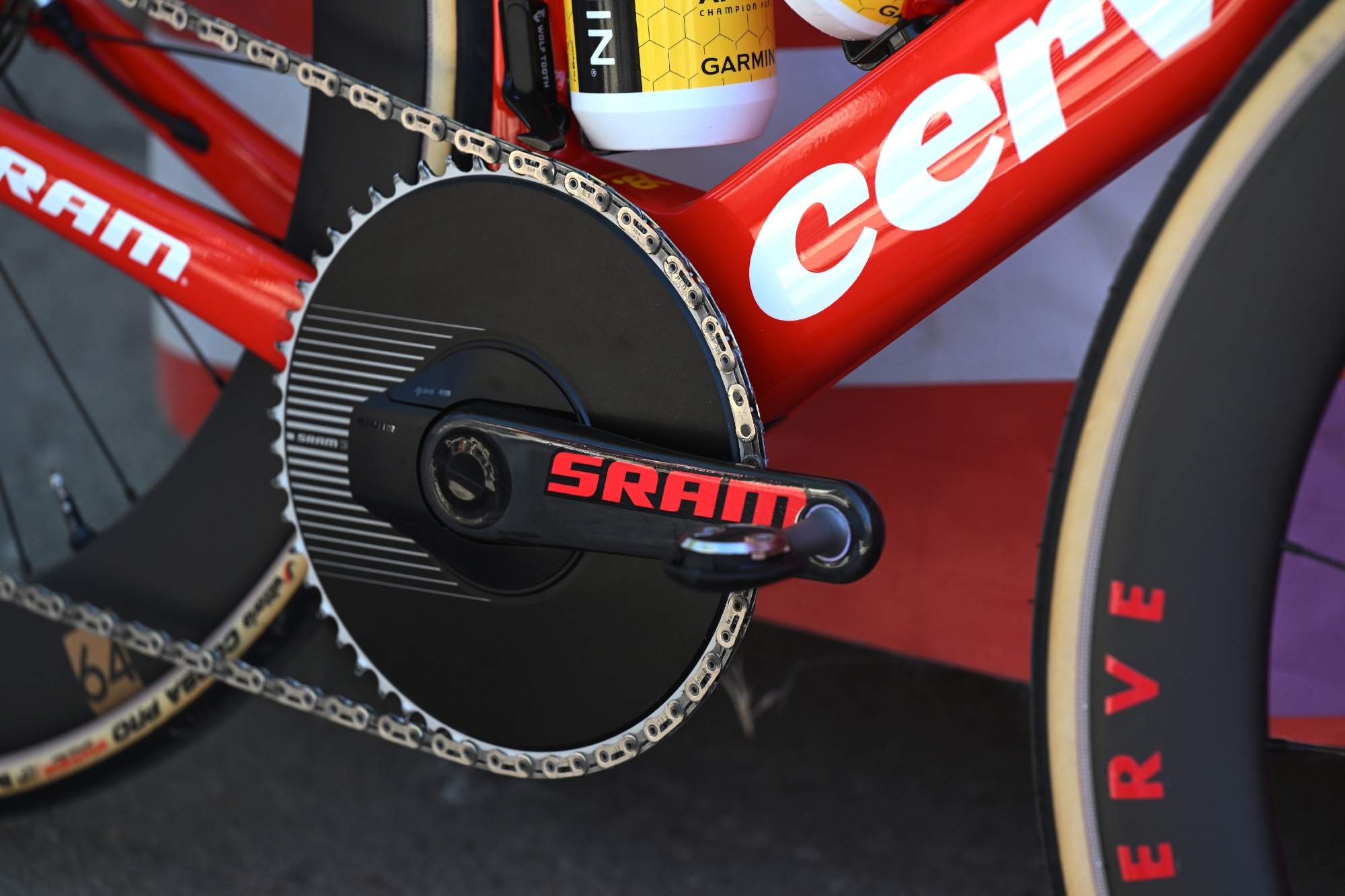 Close up of the SRAM chain ring of Jonas Vingegaard Vuelta 2025 winning