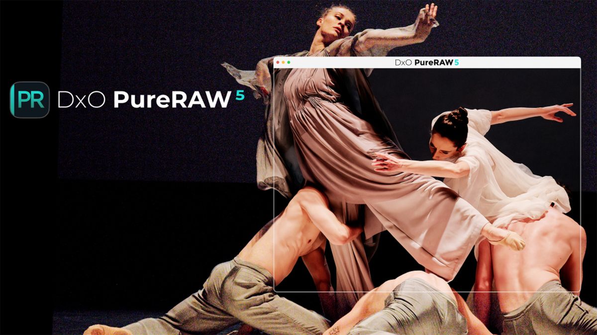 Promotional image of dancers for DxO PureRAW 5, alongside the DxO PureRAW 5 logo 