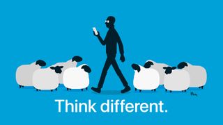 Tim Cook as the black sheep walking with a phone in hand surrounded by white sheep
