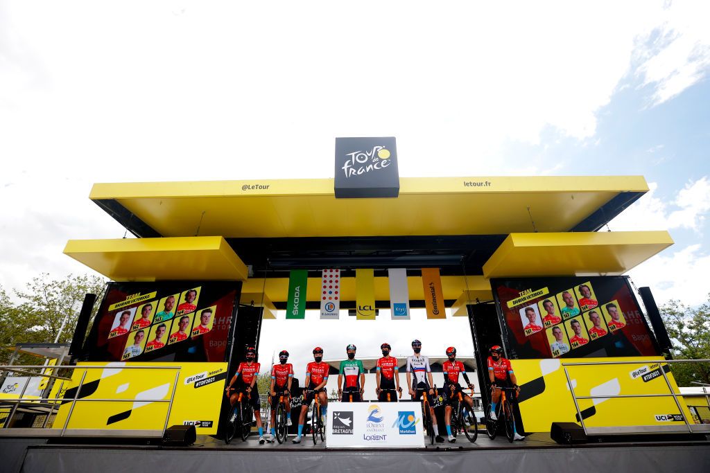 PONTIVY FRANCE JUNE 28 Pello Bilbao of Spain Sonny Colbrelli of Italy Jack Haig of Australia Dylan Teuns of Belgium Wout Poels of The Netherlands Matej Mohori of Slovenia Marco Haller of Austria Fred Wright of The United Kingdom and Team Bahrain Victorious at start during the 108th Tour de France 2021 Stage 3 a 1829km stage from Lorient to Pontivy Team Presentation LeTour TDF2021 on June 28 2021 in Pontivy France Photo by Chris GraythenGetty Images