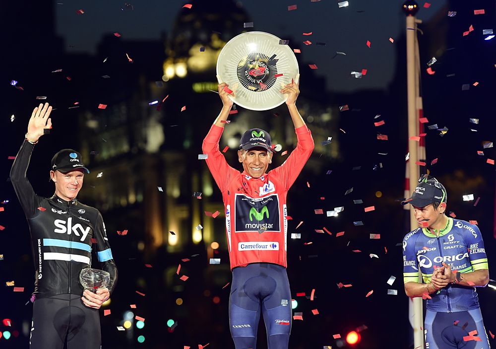 Chris Froome and Estban Chaves flank overall winner Nairo Quintana