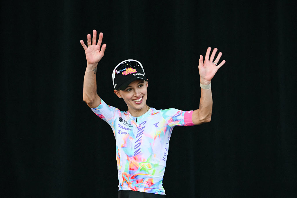 Kasia Niewiadoma-Phinney (Canyon-SRAM) on the podium after finishing second overall at the 2026 Tour de France Femmes avec Zwift. (Photo by NICOLAS TUCAT / AFP via Getty Images)