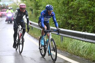 VIAREGGIO ITALY MAY 16 LR Magnus Cort of Denmark and Team EF EducationEasyPost and Davide Bais of Italy and Team EOLOKometa Blue Mountain Jersey compete in the chase group during the 106th Giro dItalia 2023 Stage 10 a 196km stage from Scandiano to Viareggio UCIWT on May 16 2023 in Viareggio Italy Photo by Tim de WaeleGetty Images