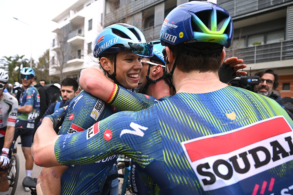 TAVIRA, PORTUGAL - FEBRUARY 18: Stage winner Paul Magnier of France and Team Soudal Quick-Step reacts after the 52nd Volta ao Algarve em Bicicleta 2026 - Stage 1 a 183.5km stage from Vila Real de Santo Antonio to Tavira on February 18, 2026 in Tavira, Portugal. (Photo by Dario Belingheri/Getty Images)