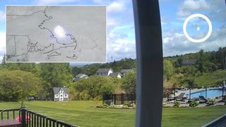 two images: one of a bright flash seen above clouds in a satellite image; and another of a bright green streak seen in a cloudy blue sky above houses in a wooded neighborhood