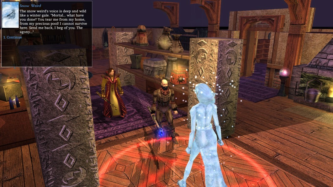 Neverwinter Nights Doom of Icewind Dale screenshot showing wizard talking to a ghost in a cozy interior