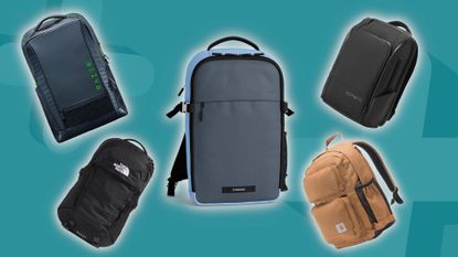 Timbuk2, Carhartt, Razer, North Face, and Nomatic laptop backpacks on a blue background