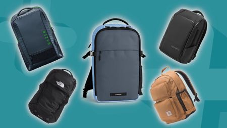 Timbuk2, Carhartt, Razer, North Face, and Nomatic laptop backpacks on a blue background
