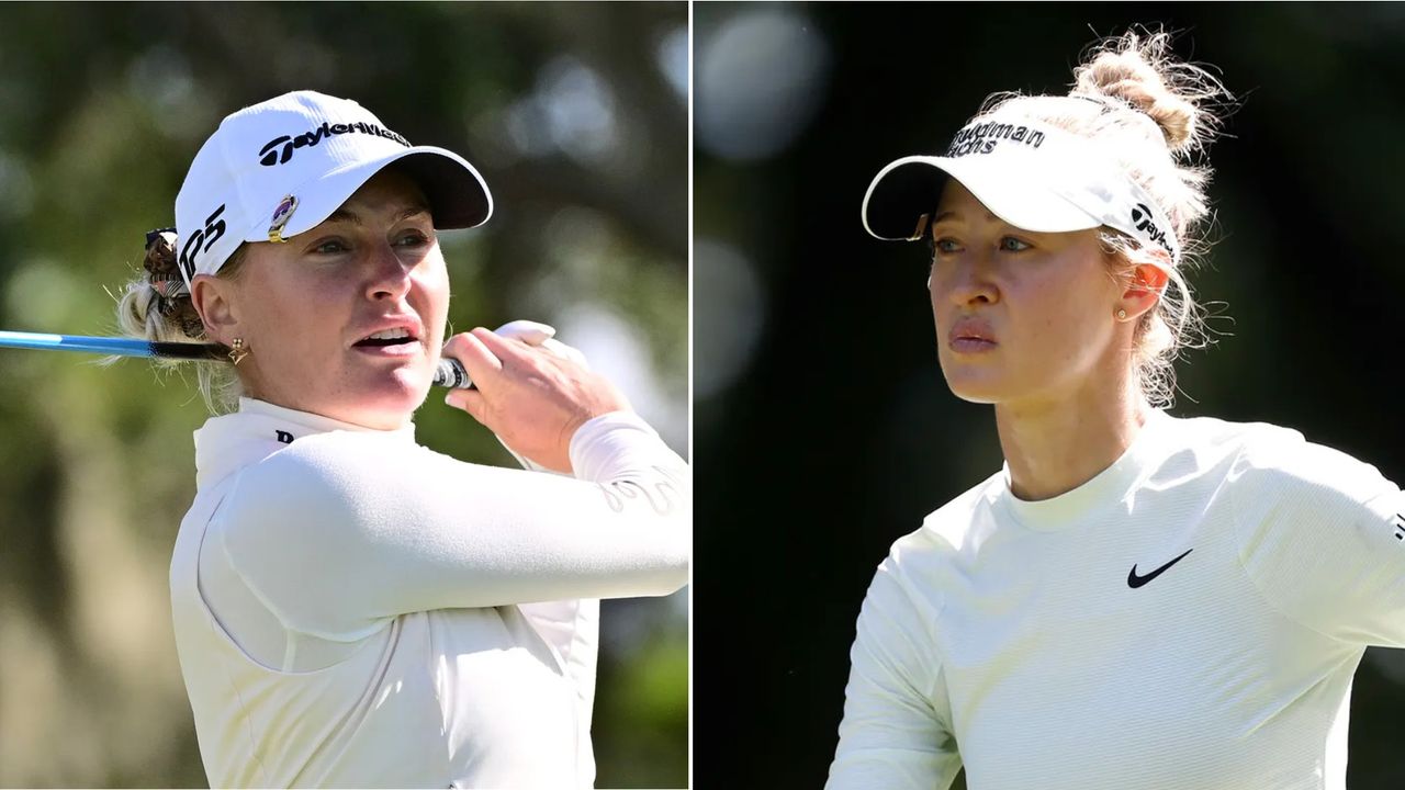 Charley Hull hitting driver (left) and Nelly Korda looking on (right)