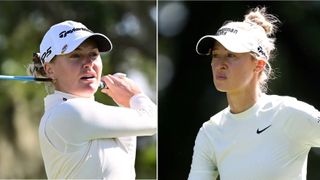 Charley Hull hitting driver (left) and Nelly Korda looking on (right)