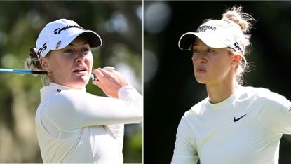 Charley Hull hitting driver (left) and Nelly Korda looking on (right)