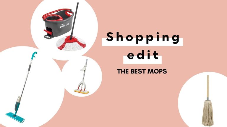 The best mops graphic with pink backround – Vileda mop, Beldray mop, OXO mop and Charles Bentley mop