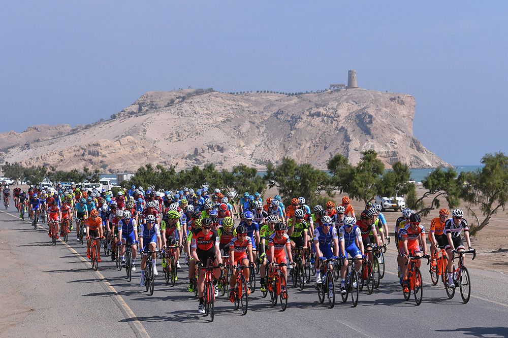 The Tour of Oman peloton rolls out of Al Sawadi Beach