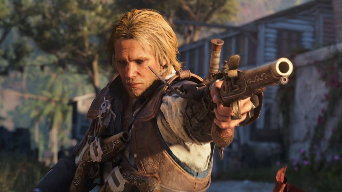 Assassin's Creed Black Flag Resynced reveal screenshot shows Edward Kenway aiming his gun.