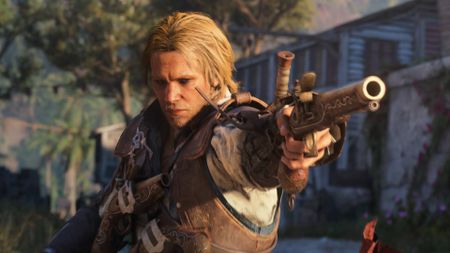 Assassin's Creed Black Flag Resynced reveal screenshot shows Edward Kenway aiming his gun.