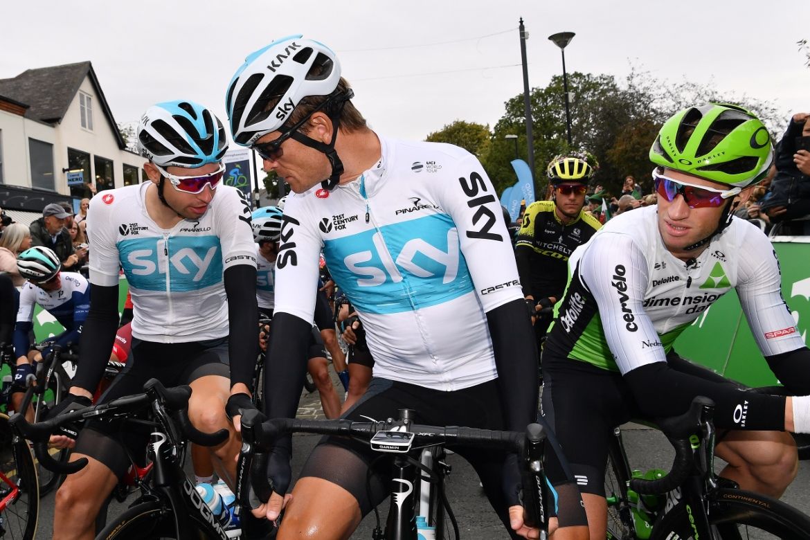 The riders line up at the start