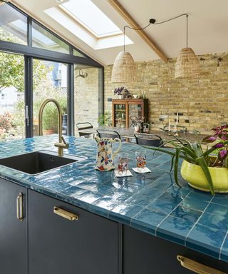 blue tiled kitchen worktop