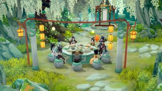 Immortal Life - Several characters sit around a stone table outdoors in a lush forest
