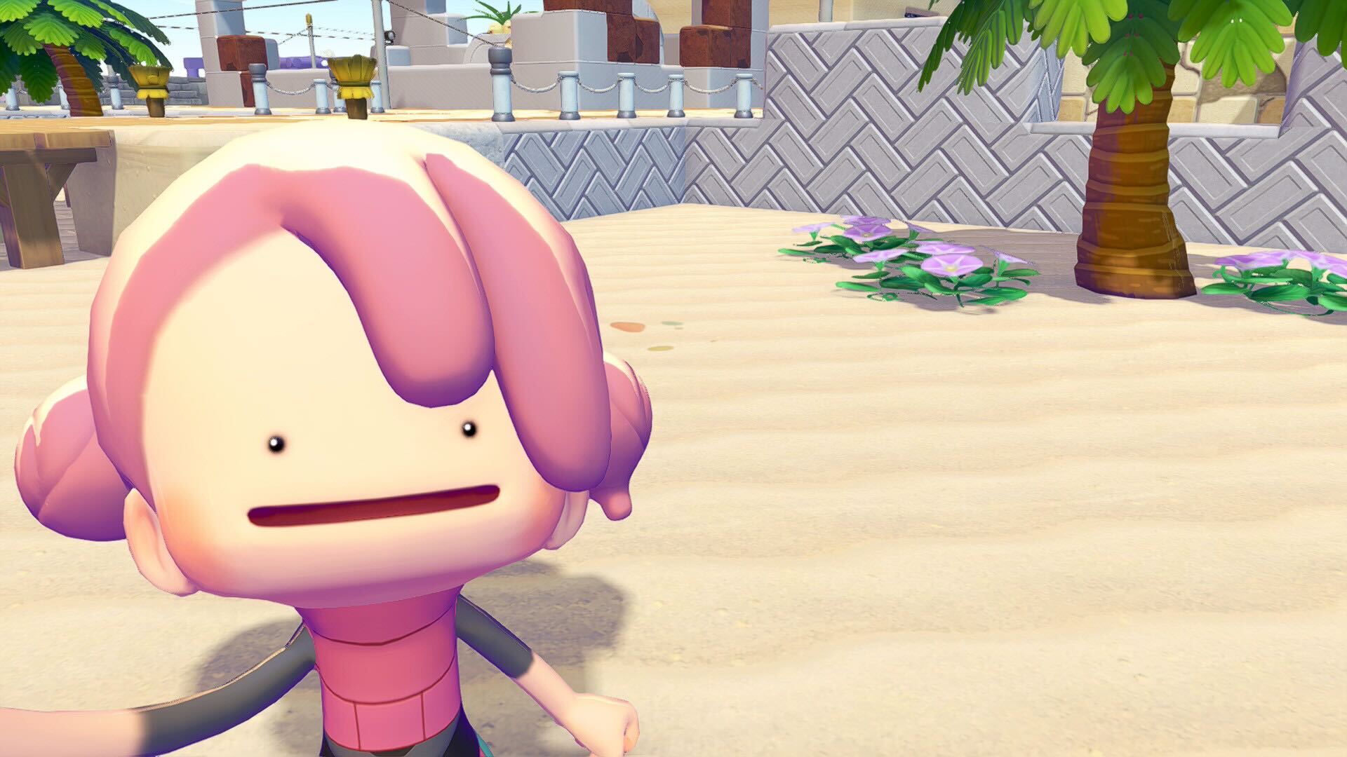 Standing on the beach in Pokemon Pokopia on the sand