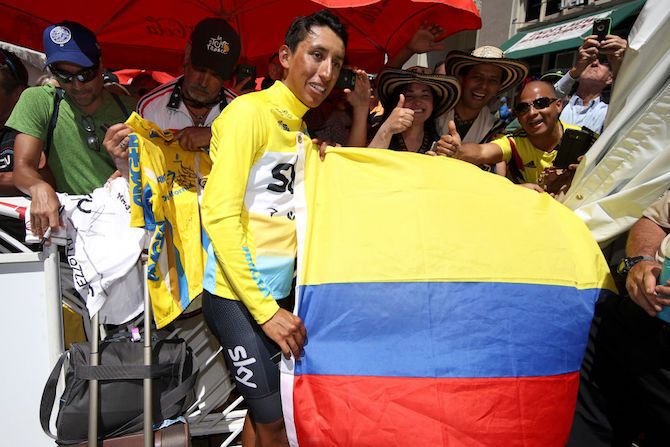 Team Sky's Egan Bernal celebrates winning the 2018 Tour of California with some of his Colombian fans in Sacramento