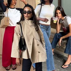 @monikh wearing red pants and a raglan tee; @ingridedvinsen wearing a cropped trench coat and capris; @_livmadeline wearing a white T-shirt and jeans; @salome.mory in jeans, white tee, and thong heels