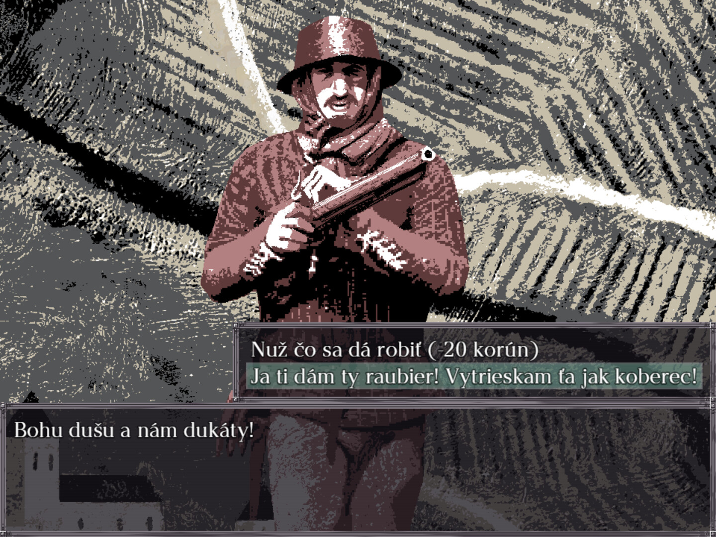 Felvidek dialogue screen of bandit random encounter over a field of wheat