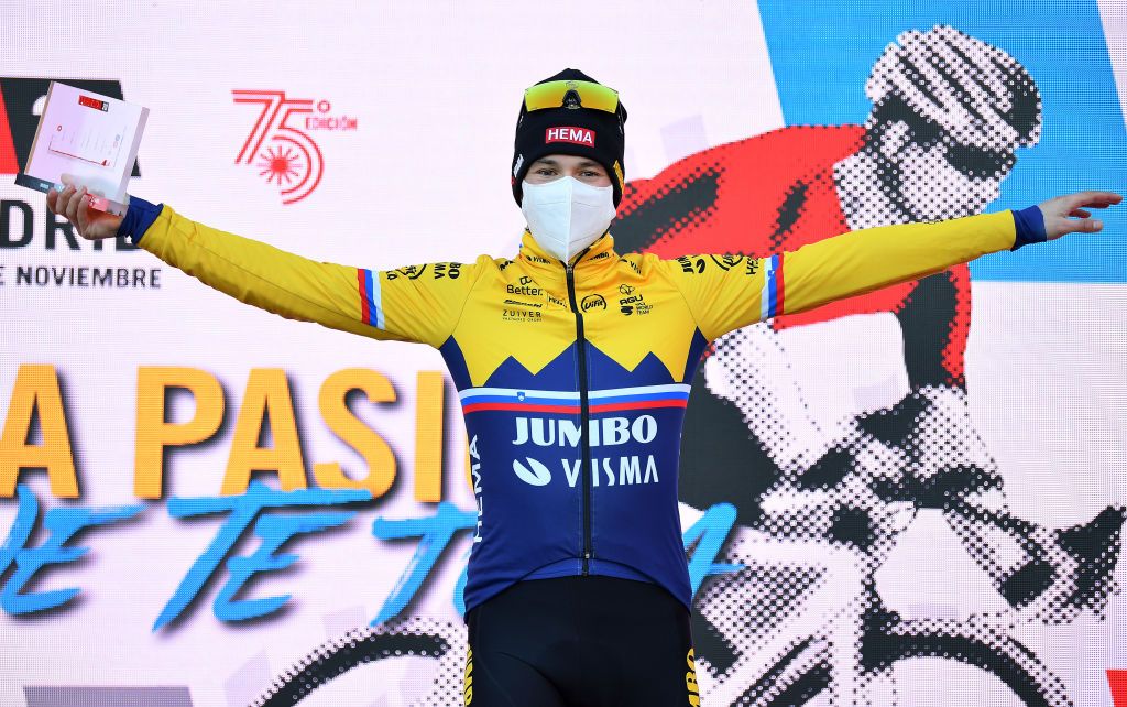 MIRADOR DE ZARO DUMBRA SPAIN NOVEMBER 03 Podium Primoz Roglic of Slovenia and Team Jumbo Visma Celebration Trophy during the 75th Tour of Spain 2020 Stage 13 a 337km Individual Time Trial stage from Muros to Mirador de zaro Dumbra 278m ITT lavuelta LaVuelta20 La Vuelta on November 03 2020 in Mirador de zaro Dumbra Spain Photo by Justin SetterfieldGetty Images