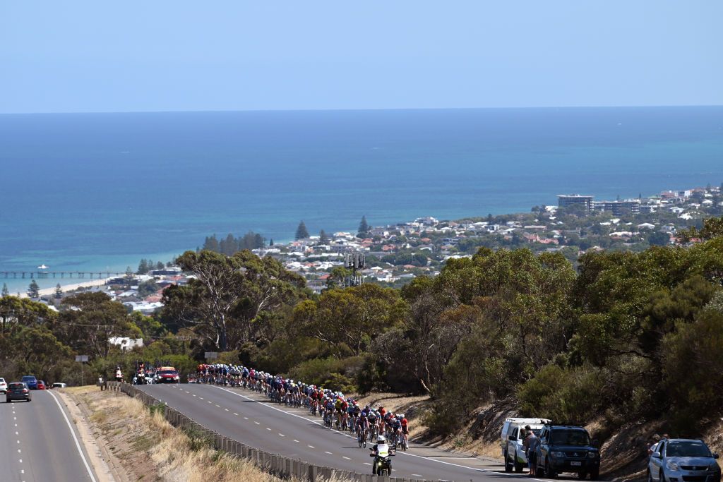VICTOR HARBOR AUSTRALIA JANUARY 24 A general view of the peloton competing during the 25th Santos Tour Down Under 2025 Stage 4 a 1572km stage from Glenelg to Victor Harbor UCIWT on January 24 2025 in Victor Harbor Australia Photo by Dario BelingheriGetty Images