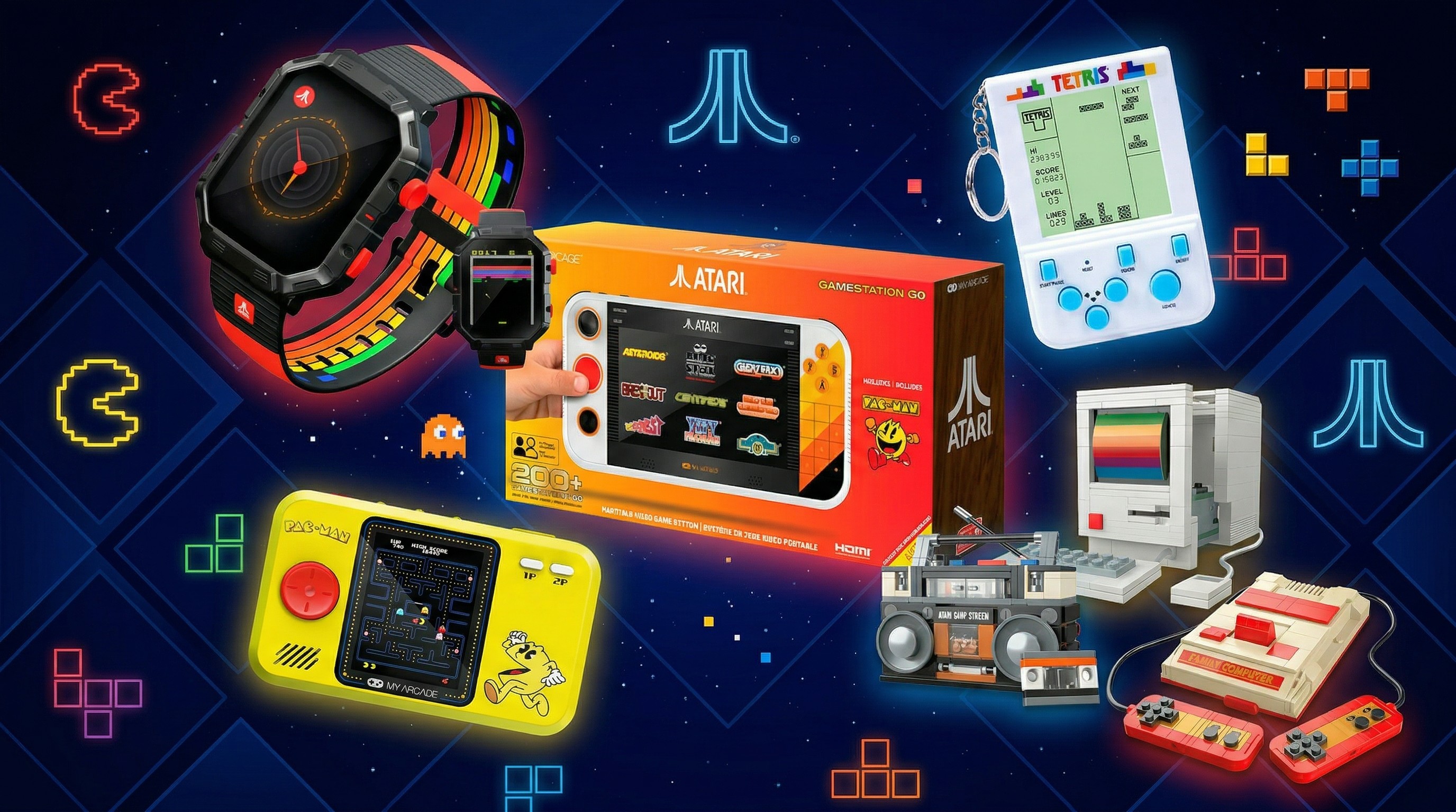 Compilation of retro gaming consoles and toys