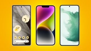 Google Pixel 7, Apple iPhone 14, and Galaxy S22 on yellow background