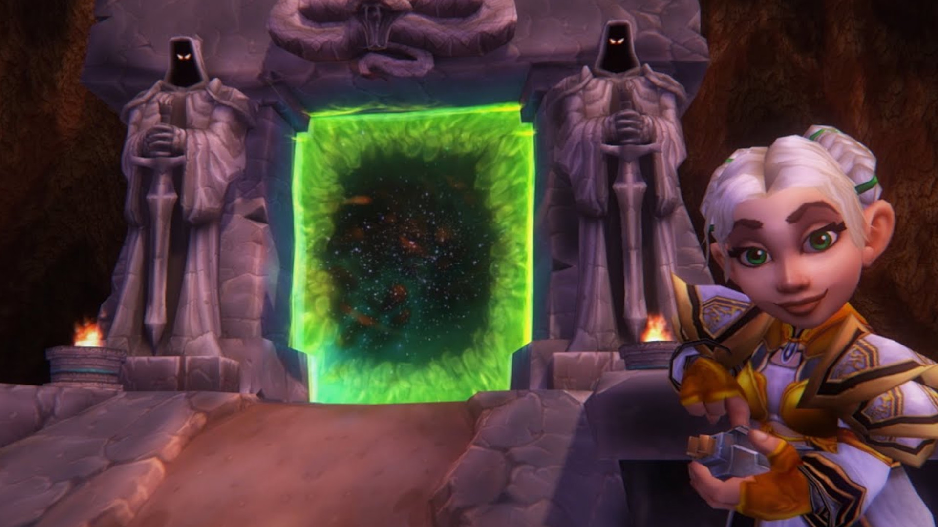 A gnome standing infront of a glowing green portal during the RPG, World of Warcraft Classic