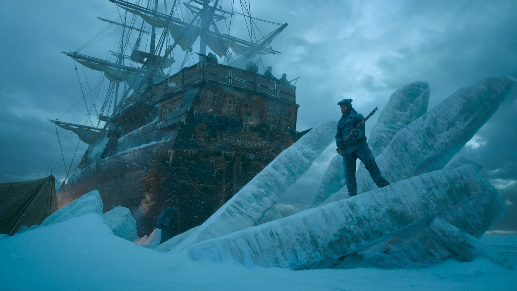 A scene from Netflix&#039;s &amp;quot;Frankenstein&amp;quot; showing a ship trapped in Ice