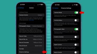 Two iPhone 16 Pro phones showing its camera settings