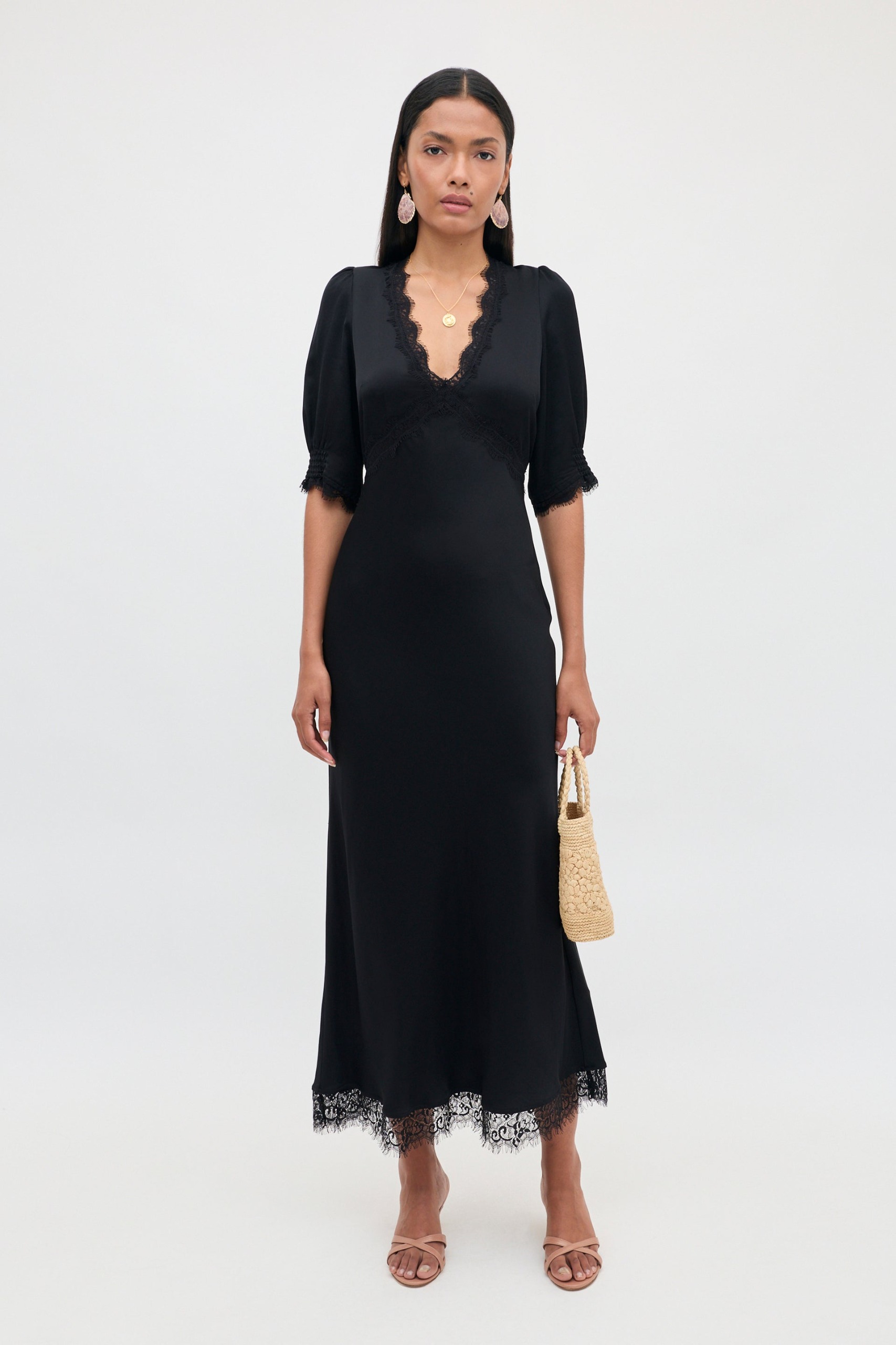 Annina Satin Midi Dress in Black