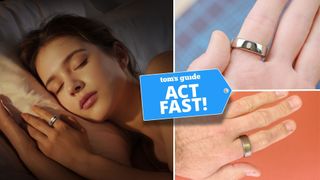 A collage of 3 images: A woman sleeping wearing a silver smart ring on index finger (left). A man's hand wearing the gold RingConn smart ring (top right). A man's hand wearing the gold Amazfit Heilo ring with orange background (bottom right). 