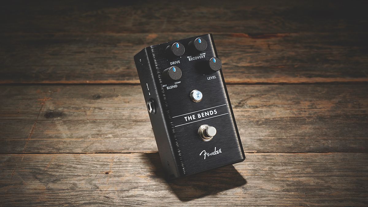 Fender &#039;The Bends&#039; compressor pedal on a wooden floor