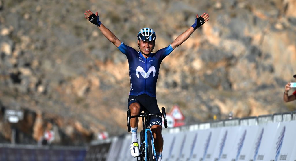 JEBEL JAIS, UNITED ARAB EMIRATES - FEBRUARY 22: Einer Augusto Rubio Reyes of Colombia and Movistar Team celebrates at finish line as stage winner during the 5th UAE Tour 2023, Stage 3 a 185km stage from Umbrella Beach Al Fujairah to Jebel Jais 1489m / #UAETour / #UCIWT / on February 22, 2023 in Jebel Jais, United Arab Emirates. (Photo by Dario Belingheri/Getty Images)