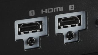 A close-up of two HDMI connections