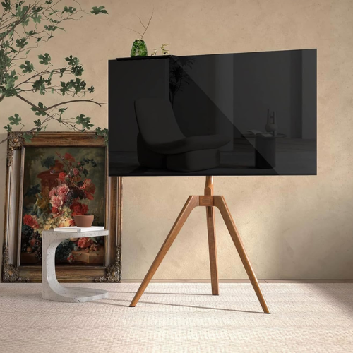 Putorsen Easel Tv Stand Tripod for Universal Tv 45-65 Inch, Solid Beech Wood Tv Floor Mount Stand With Media Shelf, Height Adjustable and 45 Degree Swivel, Max Vesa 400x400mm and Load 88lbs