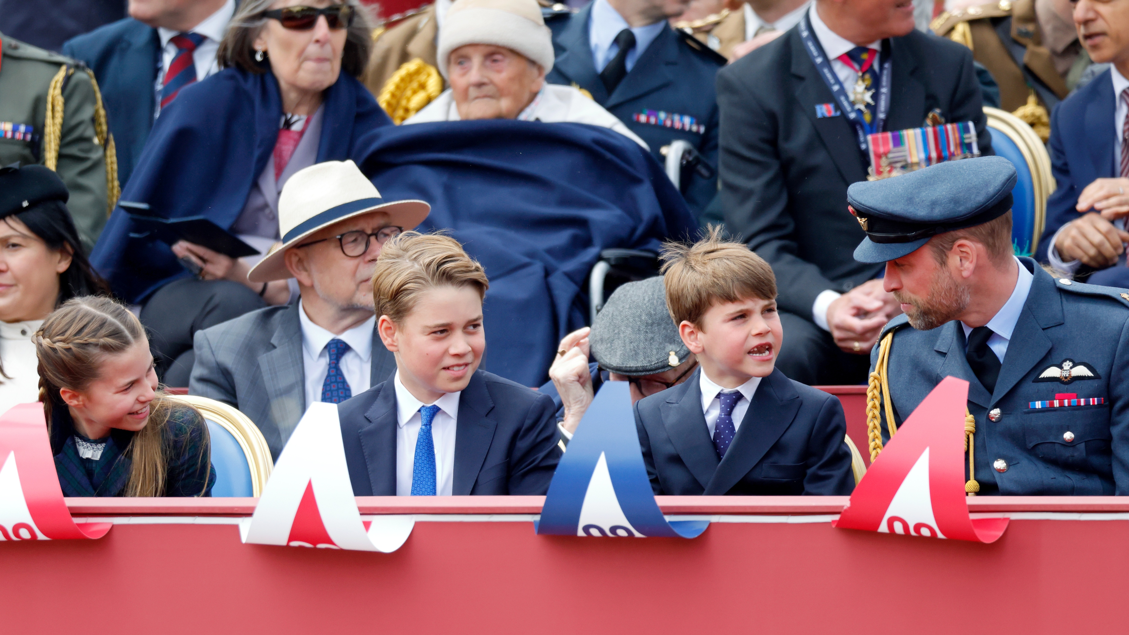 Princess Charlotte, Prince George, Prince Louis and Prince William, Prince of Wales attend a military procession down The Mall, to mark the 80th anniversary of VE Day on May 5, 2025