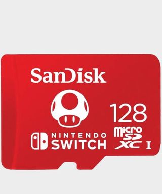 Image of the SanDisk 128GB microSD Card that's Licensed for Nintendo Switch with an image of a Mario mushroom on it.