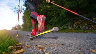 Close up of a person roller skiing