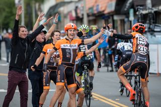 The Silber Pro Cycling Team celebrates after winning the overall at the Redlands Bicycle Classic.