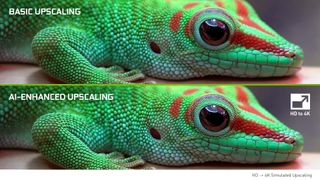 A green gecko with red markings, shown using basic vs AI upscaling